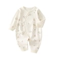 thumbnail image 1 of Baby Kimono Style Romper Girls Boys Cotton Long Sleeve Cute Printed Onesie with Side Bow Tie Detail and Snap Crotch Infant Comfort Jumpsuit Beige 10 6-9 Months, 1 of 7