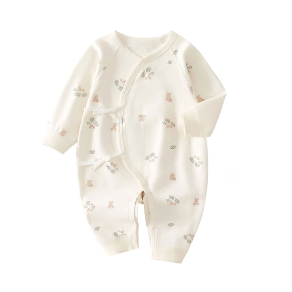 Baby Kimono Style Romper Girls Boys Cotton Long Sleeve Cute Printed Onesie with Side Bow Tie Detail and Snap Crotch Infant Comfort Jumpsuit Beige 10 6-9 Months