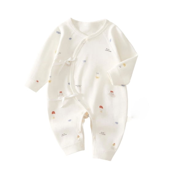 Baby Kimono Style Romper Girls Boys Cotton Long Sleeve Cute Printed Onesie with Side Bow Tie Detail and Snap Crotch Infant Comfort Jumpsuit Beige 11 6-9 Months
