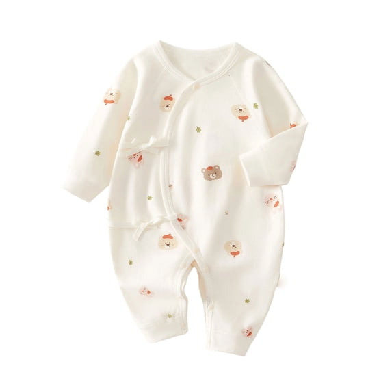 Baby Kimono Style Romper Girls Boys Cotton Long Sleeve Cute Printed Onesie with Side Bow Tie Detail and Snap Crotch Infant Comfort Jumpsuit Beige 7 3-6 Months