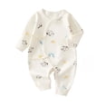 thumbnail image 1 of Baby Kimono Style Romper Girls Boys Cotton Long Sleeve Cute Printed Onesie with Side Bow Tie Detail and Snap Crotch Infant Comfort Jumpsuit Beige 9 6-9 Months, 1 of 7