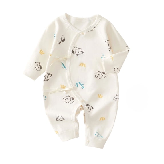 Baby Kimono Style Romper Girls Boys Cotton Long Sleeve Cute Printed Onesie with Side Bow Tie Detail and Snap Crotch Infant Comfort Jumpsuit Beige 9 6-9 Months