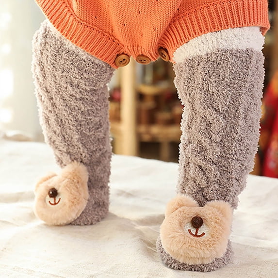Baby Knee High Socks, 8 Pairs Cute Animal Fruit Pattern Socks, Warm Plush Fleece Infant Socks for Girls and Boys, Non-Slip Toddler Socks for Winter, Play and Daily Wear-F