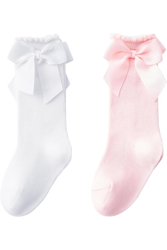 Baby Knee High Socks - Toddler Long Cotton Tube Stockings With Bow Ruffles for Girls - Infant Dress Socks