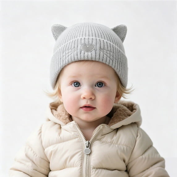 Baby Knit Beanie Cat Ear, Toddler Newborn Winter Warm Cute Ears Love Heart Embroidered Infants Cap, Gray 0-6 Months
