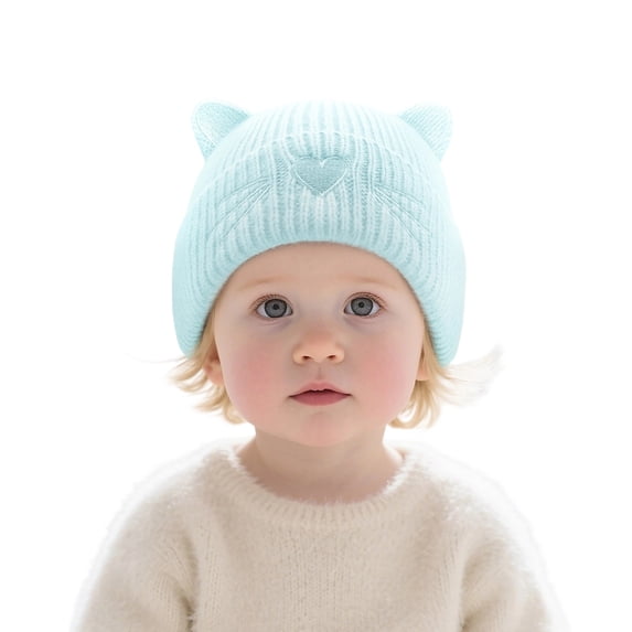 Baby Knit Beanie Cat Ear, Toddler Newborn Winter Warm Cute Ears Love Heart Embroidered Infants Cap, Sky Blue 6-36 Months