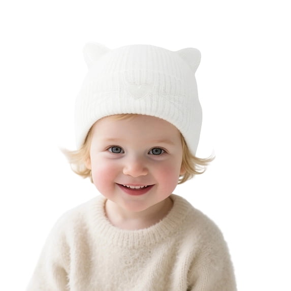 Baby Knit Beanie Cat Ear, Toddler Newborn Winter Warm Cute Ears Love Heart Embroidered Infants Cap, White 0-6 Months