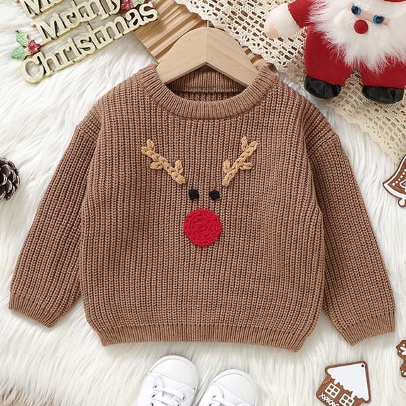 Baby Knit Christmas Sweater Embroidered Long Sleeve Crewneck Pullover Tops Boys Girls Winter Casual Comfy Outfits for Holiday Wear Khaki 9-12 Months