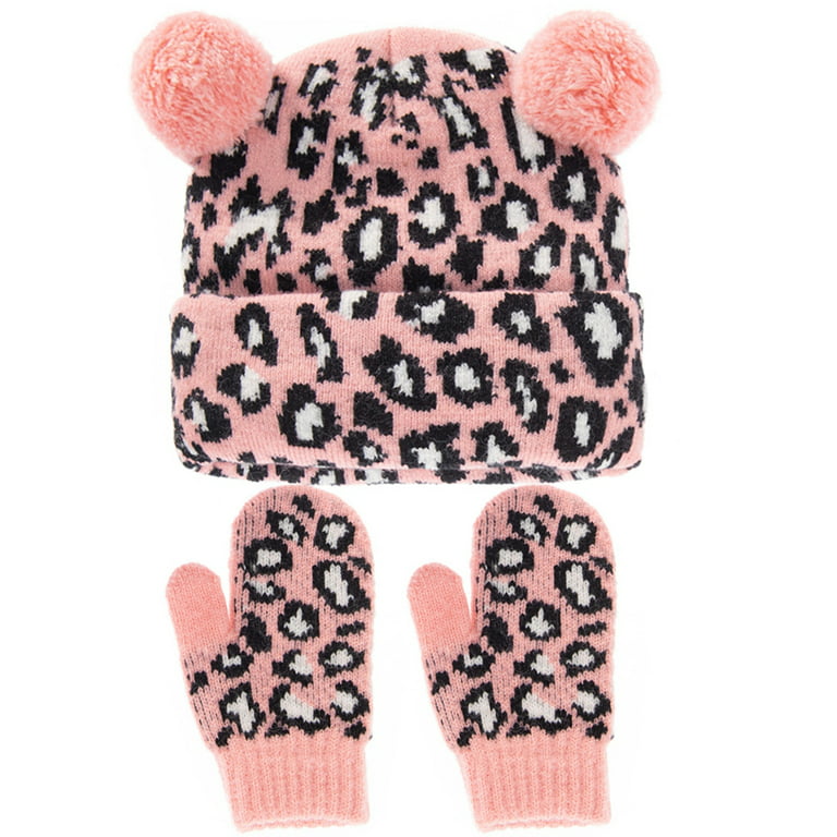 Coxeer Baby Knit Hat Thick: Stripe Leopard Print Beanie Cap Kids Winter Hat with Gloves, Infant Unisex, Size: Free size, Black