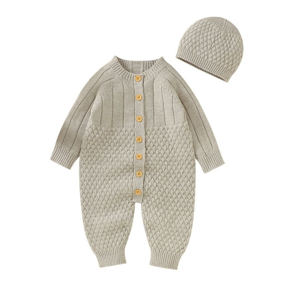 Baby Knit Romper Cotton Button Down Long Sleeve Boy Girl Solid Sweater Clothes Baby Jumpsuit With Hat,Size 6-9 Months