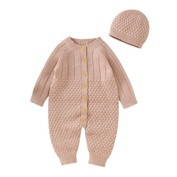 Baby Knit Romper Cotton Button Down Long Sleeve Boy Girl Solid Sweater Clothes Baby Jumpsuit With Hat,Size 9-12 Months