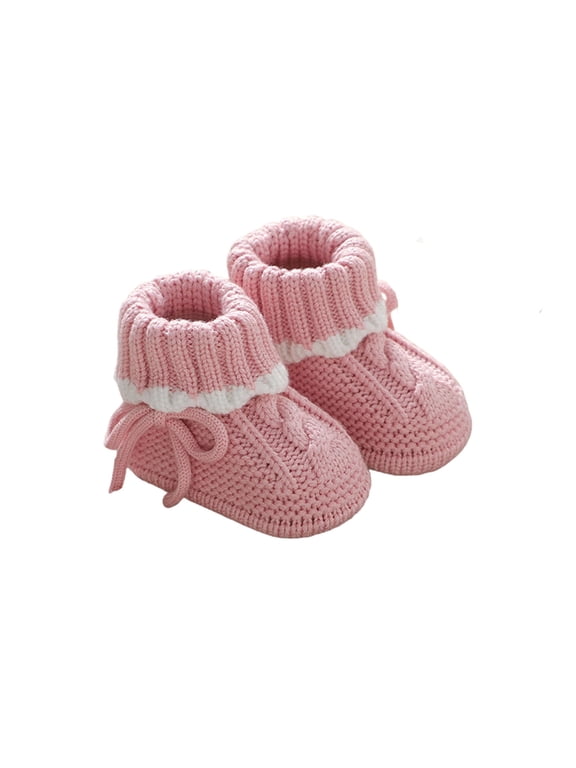 Baby Knitted Lined Booties, Soft Sole Cable Knit Pre Walker Shoes with Bow Tie, Warm Fall Winter Sock Boots for Baby Boys Girls Indoor Wear(Pink2,0-3 Months)