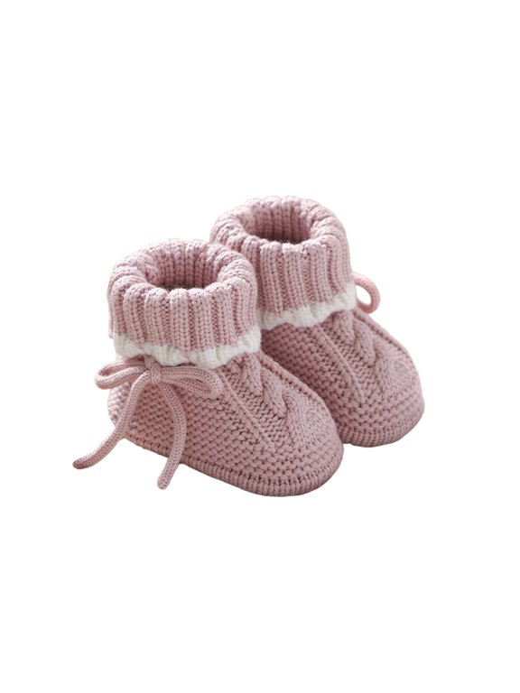 Baby Knitted Lined Booties, Soft Sole Cable Knit Pre Walker Shoes with Bow Tie, Warm Fall Winter Sock Boots for Baby Boys Girls Indoor Wear(Light Pink,0-3 Months)