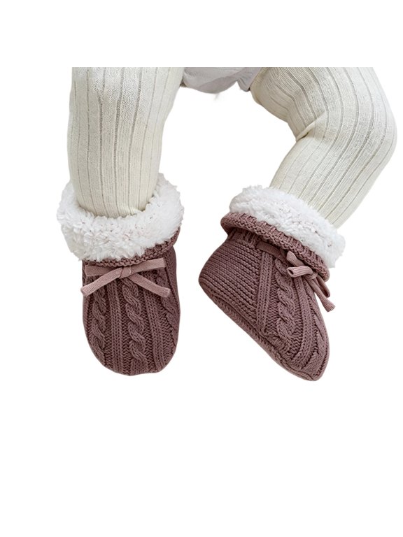 Baby Knitted Lined Booties, Soft Sole Cable Knit Pre Walker Shoes with Bow Tie, Warm Fall Winter Sock Boots for Baby Boys Girls Indoor Wear(Coffee1,0-3 Months)