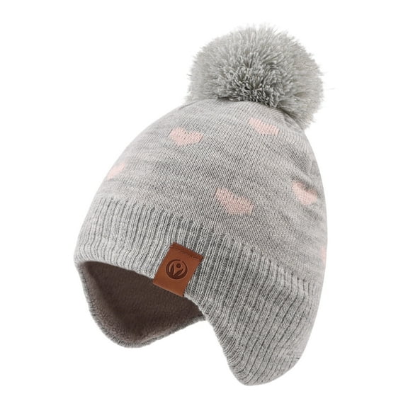 Baby Knitted Hat Winter Warm Toddler Boys Beanie Fleece Lining Kids Girls Hat with Pompom(Gray Hat,L)