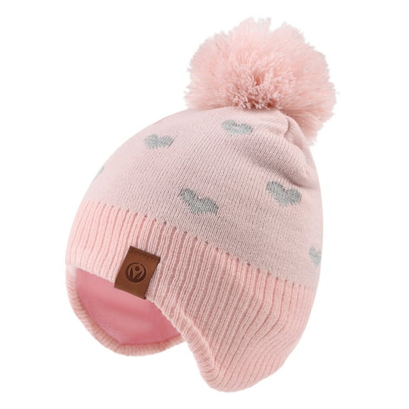 Baby Knitted Hat Winter Warm Toddler Boys Beanie Fleece Lining Kids Girls Hat with Pompom(Pink Hat,L)