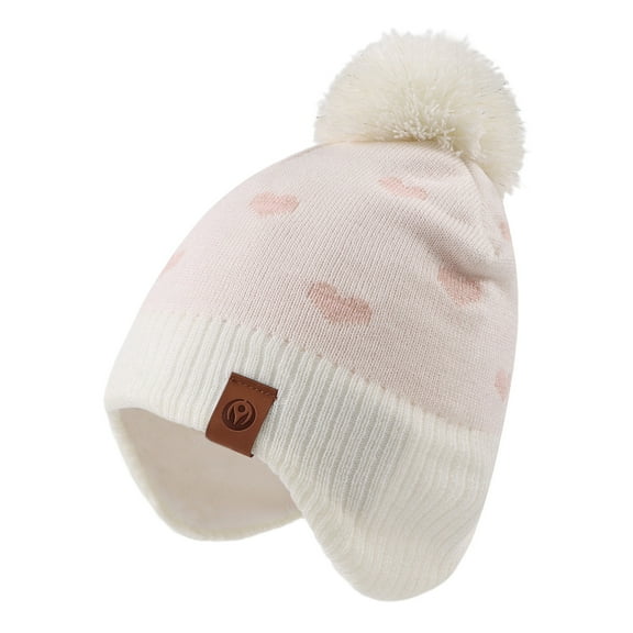 Baby Knitted Hat Winter Warm Toddler Boys Beanie Fleece Lining Kids Girls Hat with Pompom(White Hat,L)