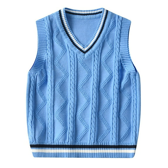 Baby Knitted Sweater Vest Soft Uniform Warm Cotton V-Neck Pullover Sleveeless Breathable Waistcoat Vest Blue 3-4Y