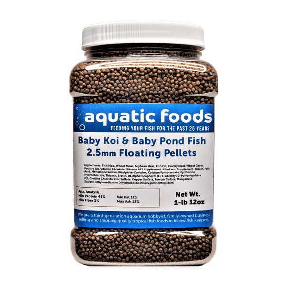 Baby Koi & Baby Pond Fish Pellet Food, 45% Protein 2.5mm Floating Pond & Aquarium Pellets…1-lb 12oz Med Jar