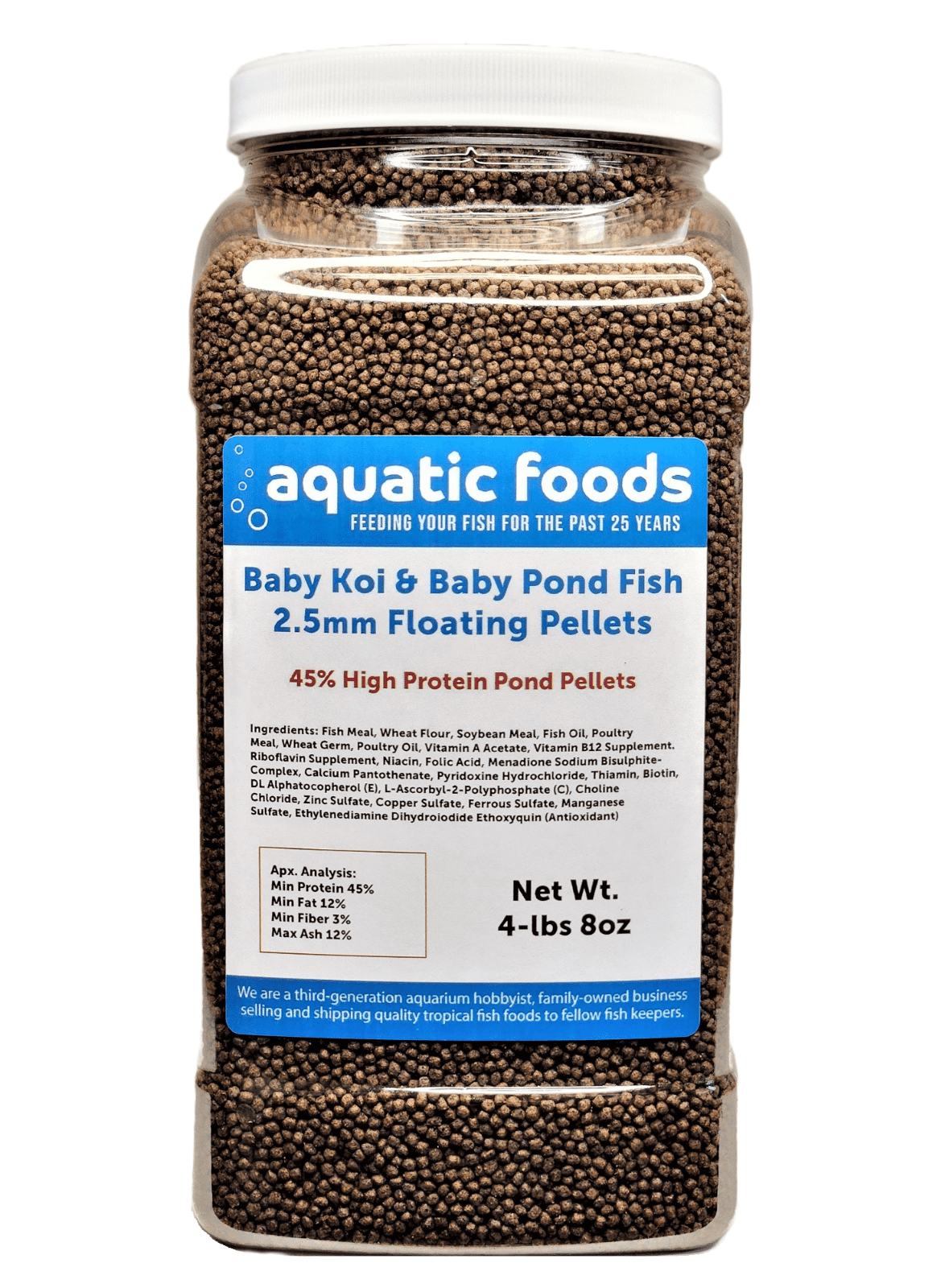 Baby Koi & Baby Pond Fish Pellet Food, 45% Protein 2.5mm Floating Pond & Aquarium Pellets…4-lb 8oz Lg Jar