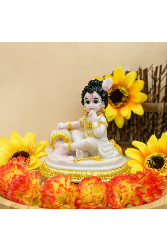 Baby Krishna for Car Dashboard - 4.1" H Marble Color Polystone Hindu God Lord Krishna Figurine for Vehicle Decor Diwali Birthday Pooja Gift for Indian Home Temple Mandir Altar Puja Item