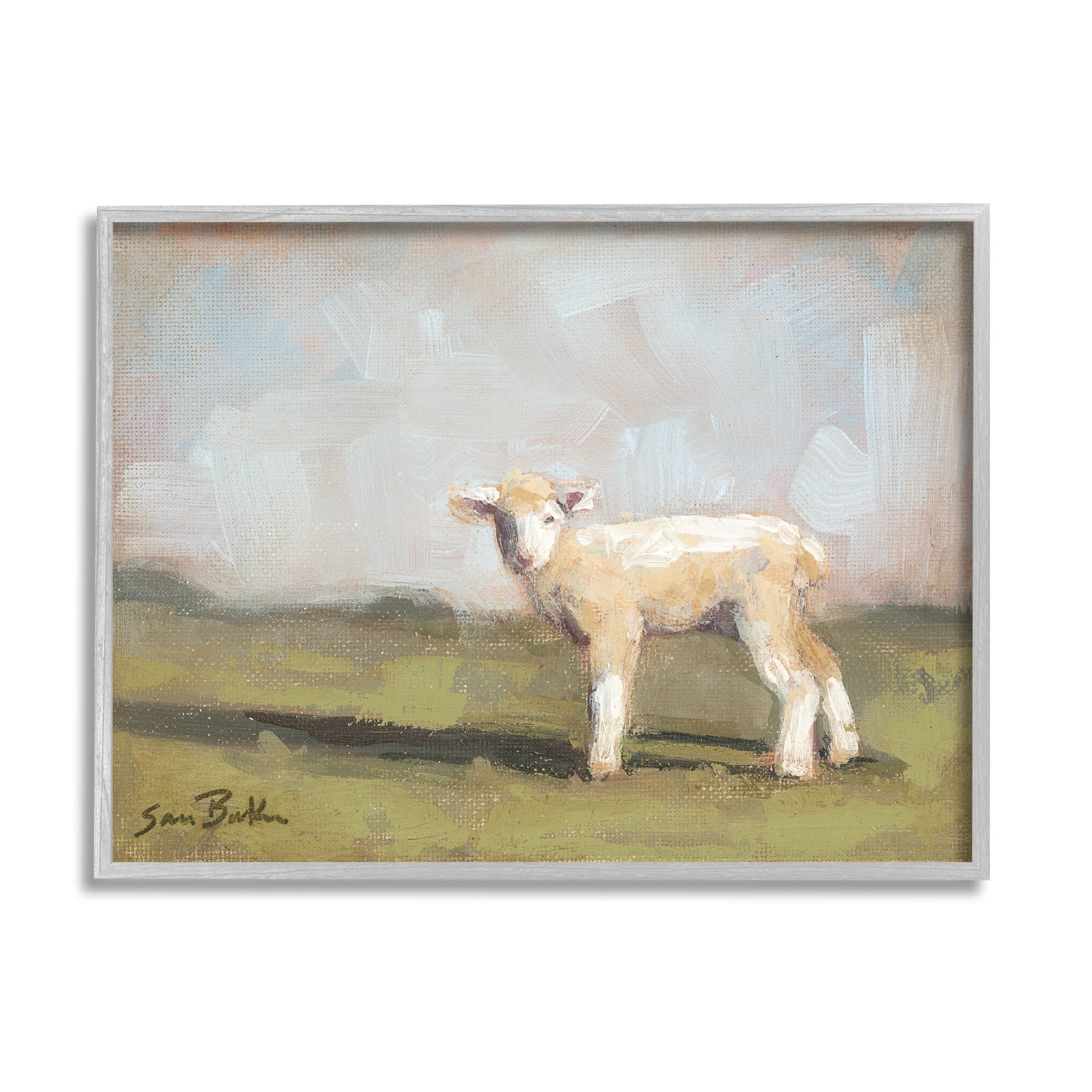 Baby Lamb Farmland Animal Animals & Insects Painting Gray Framed Art Print Wall Art