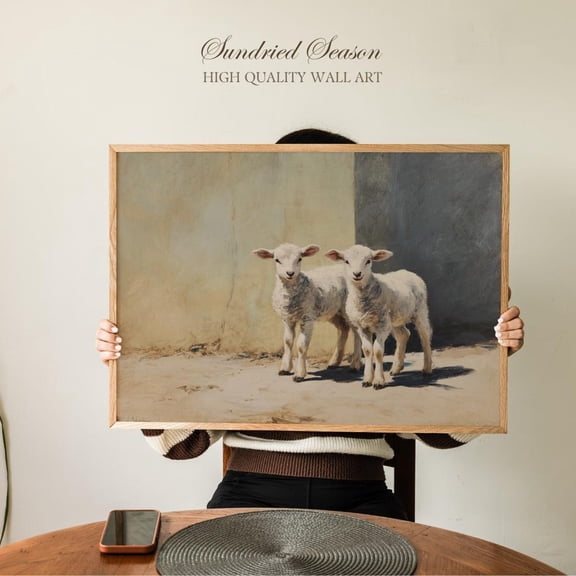 Baby Lambs Art Twin Sheep Minimal Pastoral Rustic Farm Animal Nursery Decor