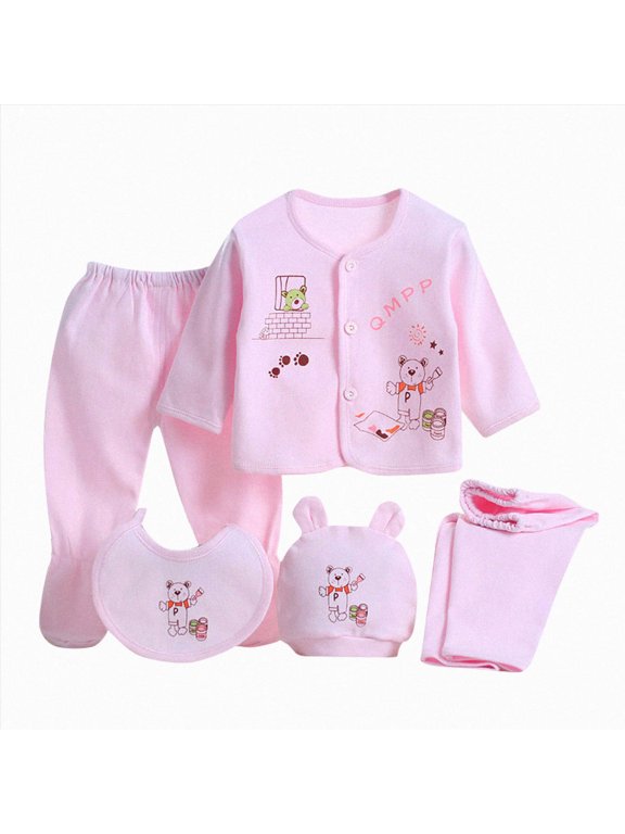 Baby Layette Gift Set Boy Boy Layette Set Unisex Baby Clothes 5 Piece Layette Sets Long Cartoon Boy Sleeve Tops+Hat+Pants Baby +Bib Boys Outfits 0-3 Months
