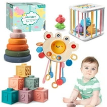 Baby Learning Toys for Ages 6-18 Months - 4in1 Toddler Toys Pull String Teether, Stacking Blocks, Sensory Shapes & Storage Bin, Montessori Toys for Babies Birthday Gift Toy Set