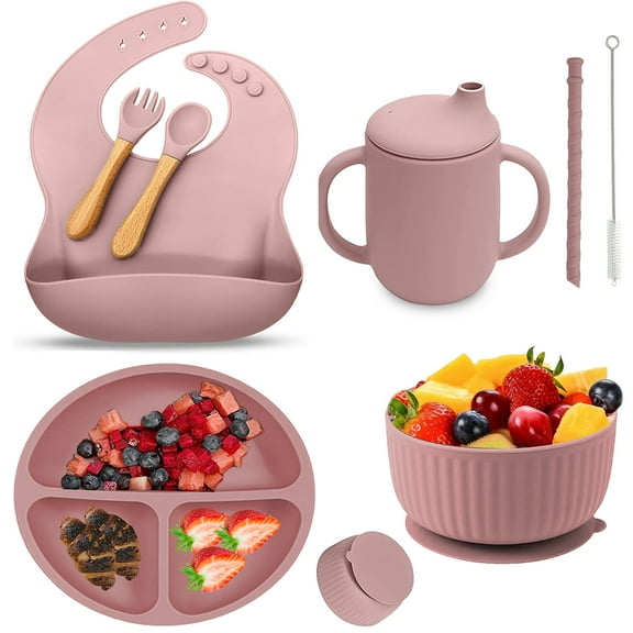 Baby Led Weaning Supplies, 6pcs Silicone Baby Feeding Set Include Baby Feeding Suction Bowl and Divided Toddler Plate, Baby Spoon, Fork, Bib, Sippy Cup with Straw and Lid, Food Grade BPA Free, Pink