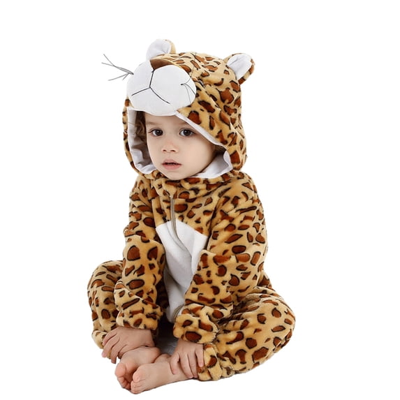 Baby Leopard Fleece Jumpsuit Toddler Funny Halloween Animal Onesie Infant Boys Girls Cute Plush One Piece Hooded Outfit