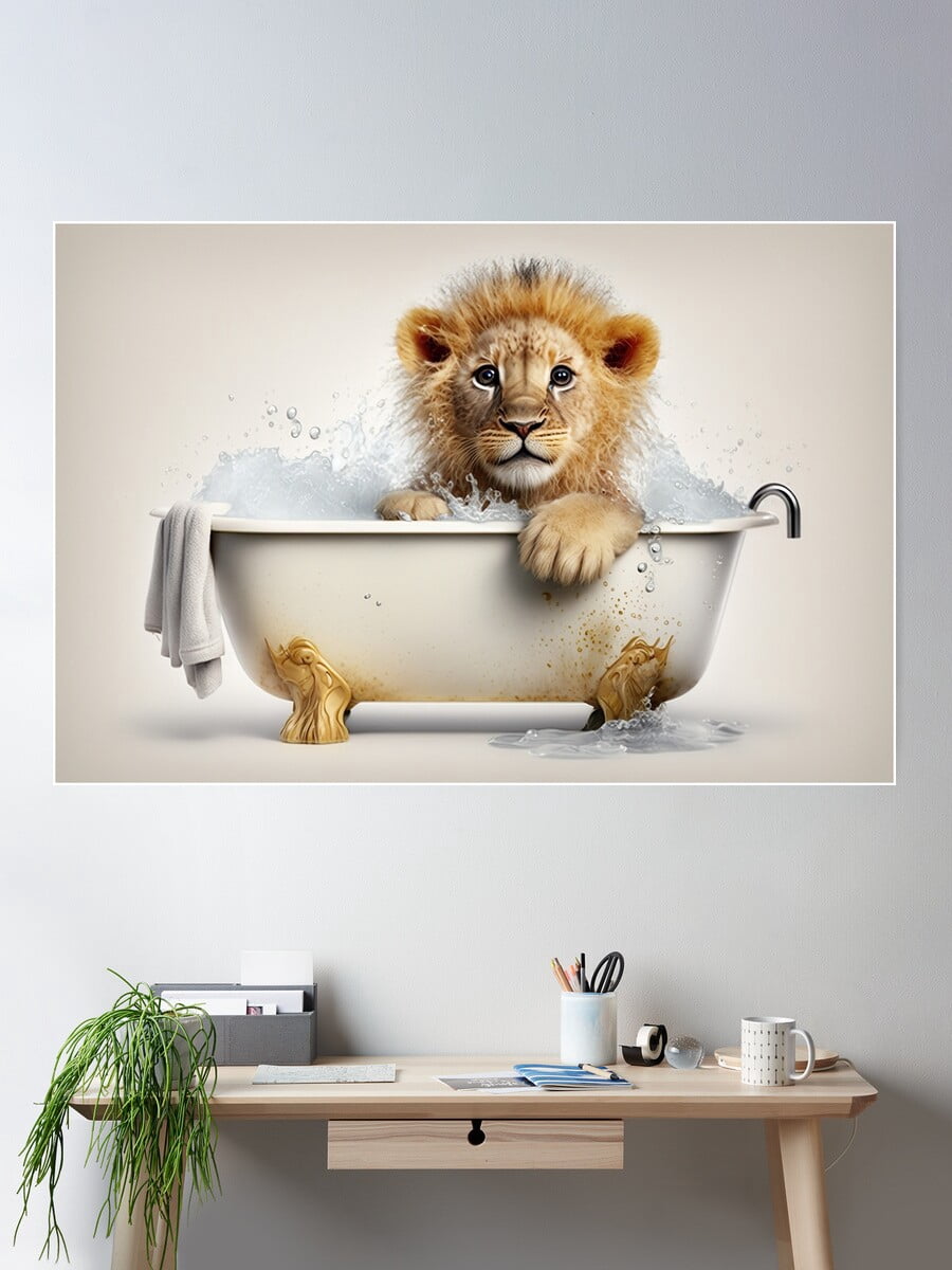 Baby Lion Cub Taking A Bath, Cute Animal Art Poster Wall Art, Modern ...