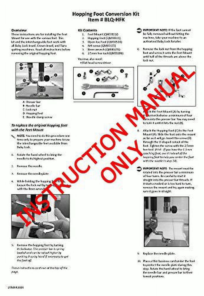 Left Foot Conversion Kit Baby Lock BLQ-HFK Hopping Foot Conversion Kit Manual Reprint - Walmart.com