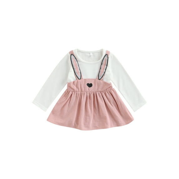 Baby Long Sleeve Dress with Cartoon Bunny Ears, Pleated Decoration Color Matching Sweet Spring Clothing