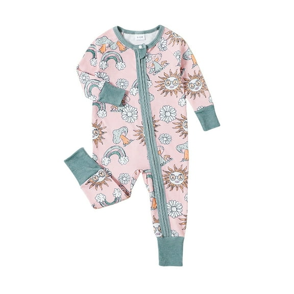 Baby Long Sleeve Onesies Boys Footless Pajamas Cartoon Print Breathable Crawling Sleeping Romper Baby Clothes Light Pink