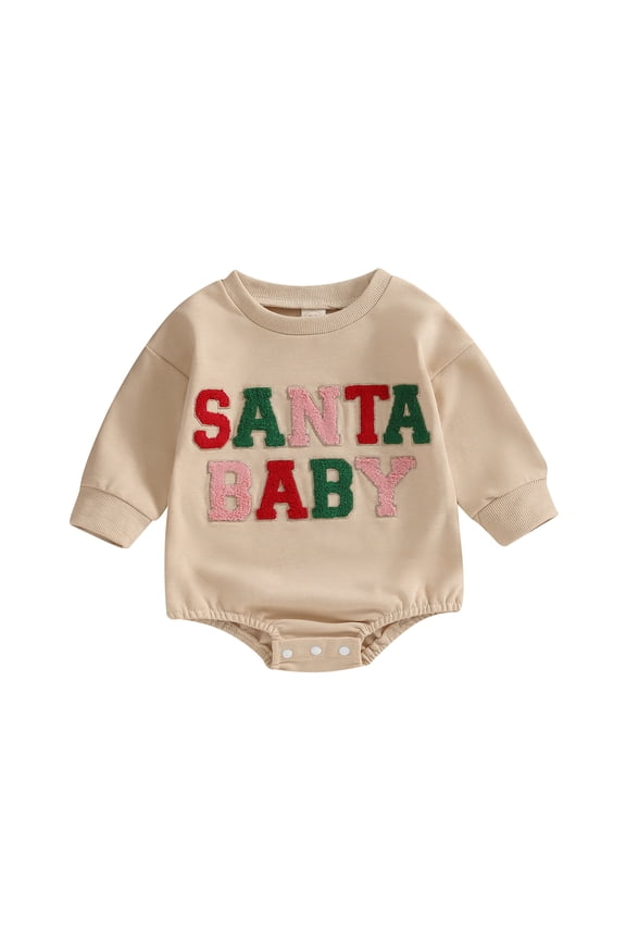 Baby Long Sleeve Rompers Infant Christmas Fuzzy Letter Round Neck Bodysuit 3 6 12 18M Newborn Jumpsuits