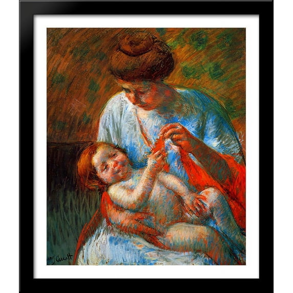 Baby Lying on His Mother s Lap, reaching to hold a scarf 28x32 Large Black Wood Framed Print Art by Mary Cassatt