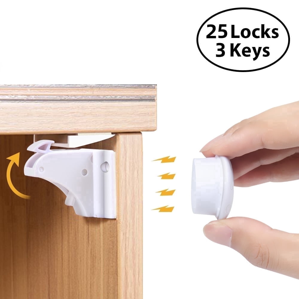 Gamexcel Magnetic Cabinet Locks for Child Proofing, 25 Locks and 3 Key, No-Drill Adhesive Safety Latches for Cabinets and Drawers