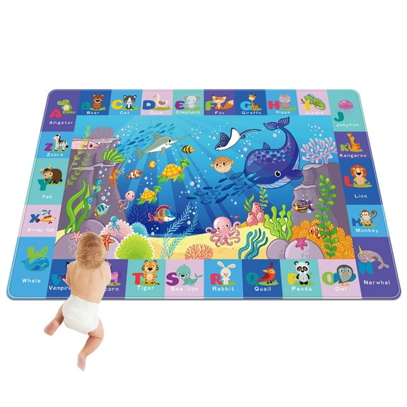 Baby Mat for Floor, Baby Kids Play Mat Rug, Sea Animals Playmat Baby Crawling Mat for Floor, Tummy Time Mat, Non-Toxic Non-Slip Foldable Kids Rugs for Playroom, 59X39.4 INCH