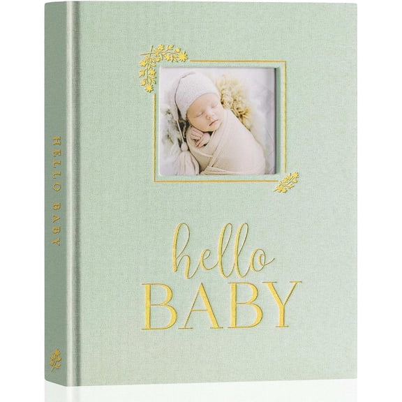 Baby Memory Book Journal, Newborn First 5 Year Keepsake, Linen Baby Photo Book Memories Keepsake Scrapbook with DIY Window, Baby Milestone Album for Boy Girl New Parents (Sage Green, 154 Pages)