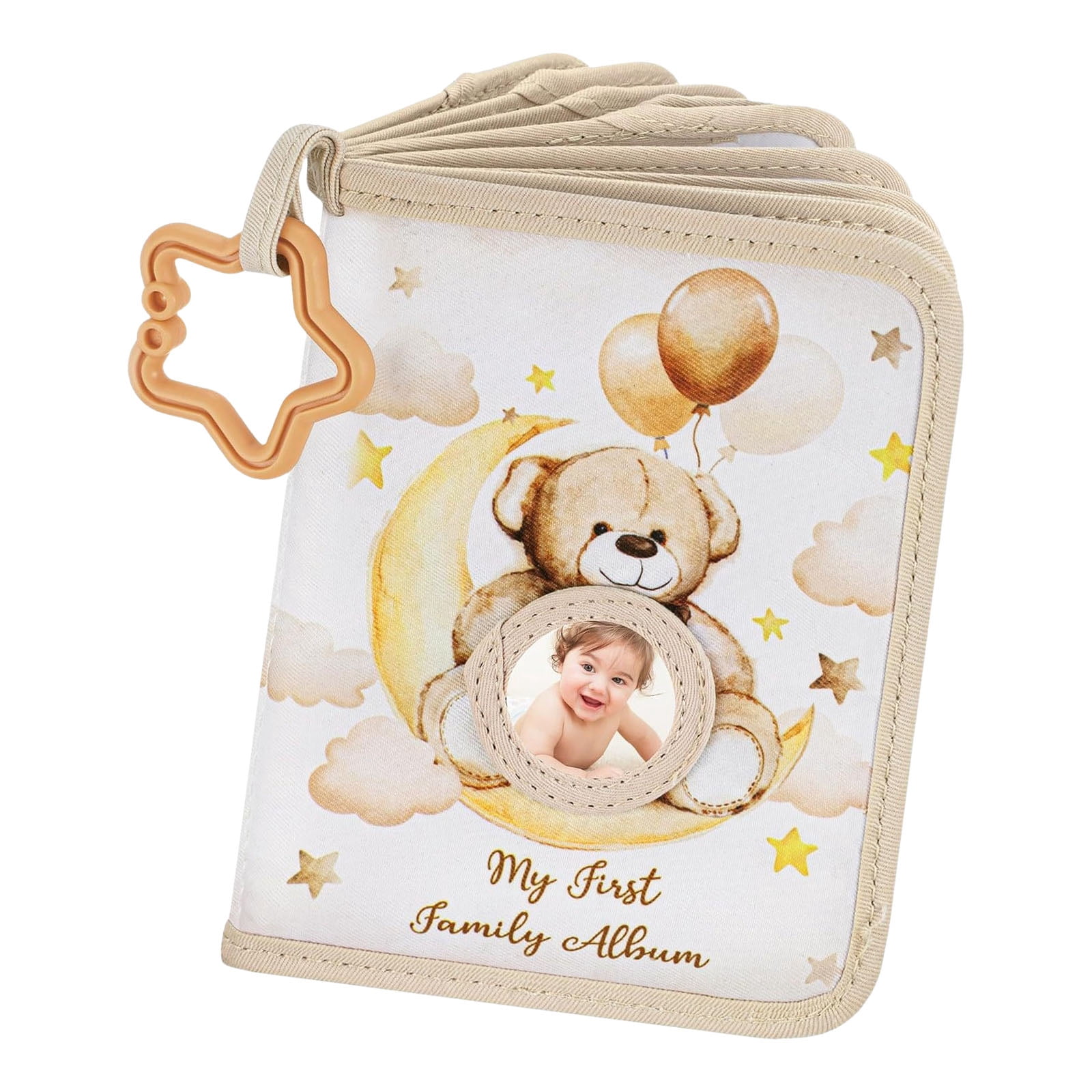 Baby Memory Photo Album with Safe Mirrored and Star Teether Rings Bear Pattern Picture Book for Infant Photography Album