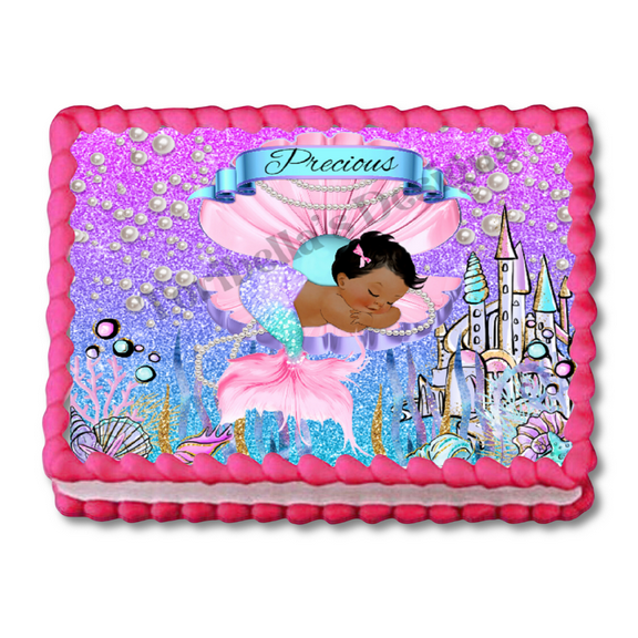 Baby Mermaid Under The Sea Edible Image Birthday Or Baby Shower Edible Cake Topper For 1/4 to 1/2 sheet Cake 10" by 8" rectangle Edible Sticker You Add To Your Own Cake