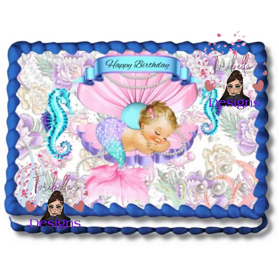 Baby Mermaid Under The Sea Edible Image Birthday Or Baby Shower Edible Cake Topper For 1/4 to 1/2 sheet Cake 10" by 8" rectangle Edible Sticker You Add To Your Own Cake