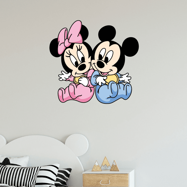 Baby Mickey And Minnie Mouse Vinyl Wall Decal - 20 x 20 Adhesive Home Art  Iconic Cartoon Characters Decorative Design Kids Bedroom Nursery Living