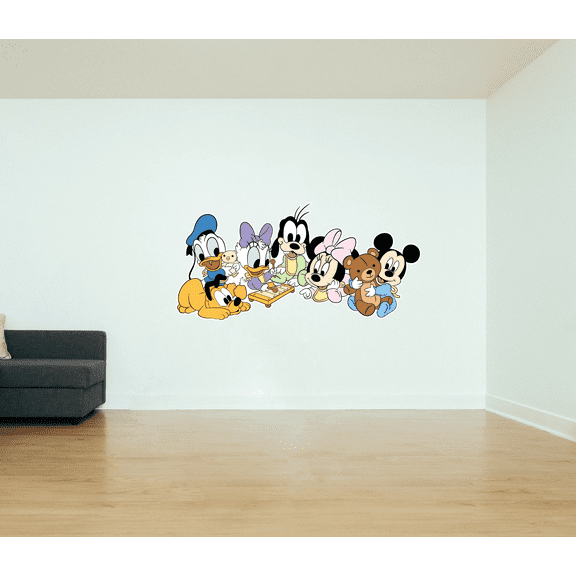 Baby Mickey Minnie Donald Daisy Goofy And Pluto Adhesive Wall Mural Art Decal - 22" x 36" Vinyl Home Decor Iconic Cartoon Characters Design Kids Bedroom Nursery Sticker