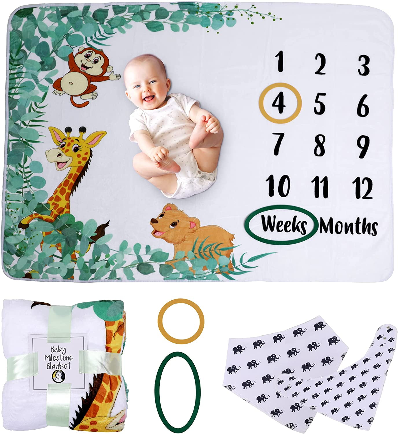 Baby Milestone Blanket – 50x40-inch Milestone Blanket with Bib & Frames – Soft Fleece Baby Milestone Photo Blanket – Gender Neutral Baby Grow Chart Blanket for Nursery Décor Baby Shower (Jungle)