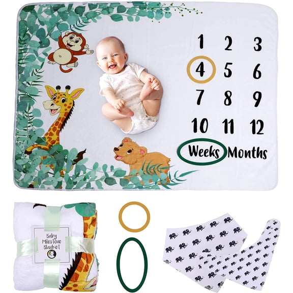 Baby Milestone Blanket – 50x40-inch Milestone Blanket with Bib & Frames – Soft Fleece Baby Milestone Photo Blanket – Gender Neutral Baby Grow Chart Blanket for Nursery Décor Baby Shower (Jungle)