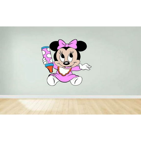 Baby Minnie Mouse Holding Crayon Cartoon Character Wall Art Sticker Vinyl Decals Girls Boys Children Baby Bedroom House School Wall Decor Removable Sticker Peel and Stick Size (20x10 inch)