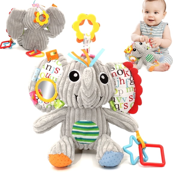 Baby Toys 3-6 Months, Stuffed Elephant Soothing Toys for Newborn Infant,Teether,Mirror,Crinkle Paper, Sensory Toys 3-6 6-12 Months Gifts