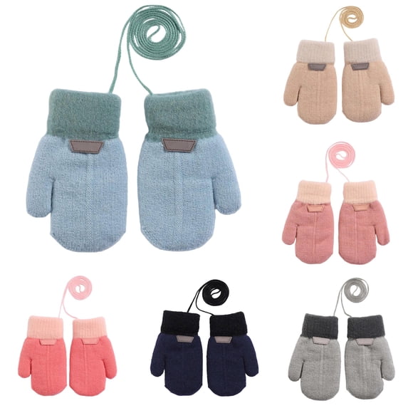 GPOECD Baby Mittens Double Layer Thermal Knitted with Detachable Lanyard Warm Winter Gloves for Boys and Girls Outdoor Activities